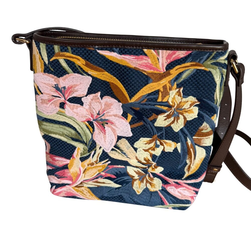 Tommy Bahama Floral Crossbody Bag Embroidered Blue Pink Brown Leather Strap